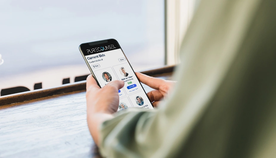 person using purecounsel app on smart phone